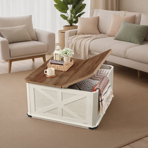 LEDREM Farmhouse Square Coffee Table with Flip-Top Storage, 31.5" Rustic Center Table for Living Room, Honey Brown and White