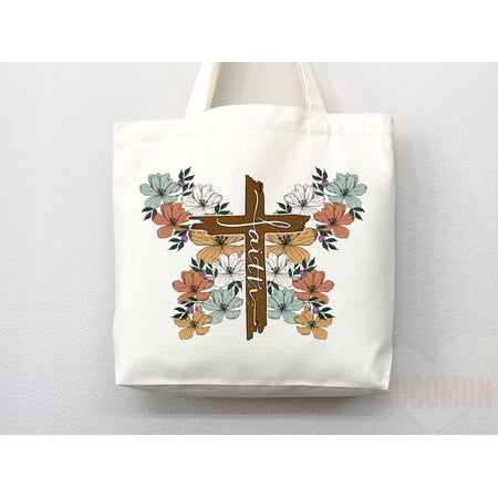 Faith Cross Floral Canvas Tote Bag - Christian Gift