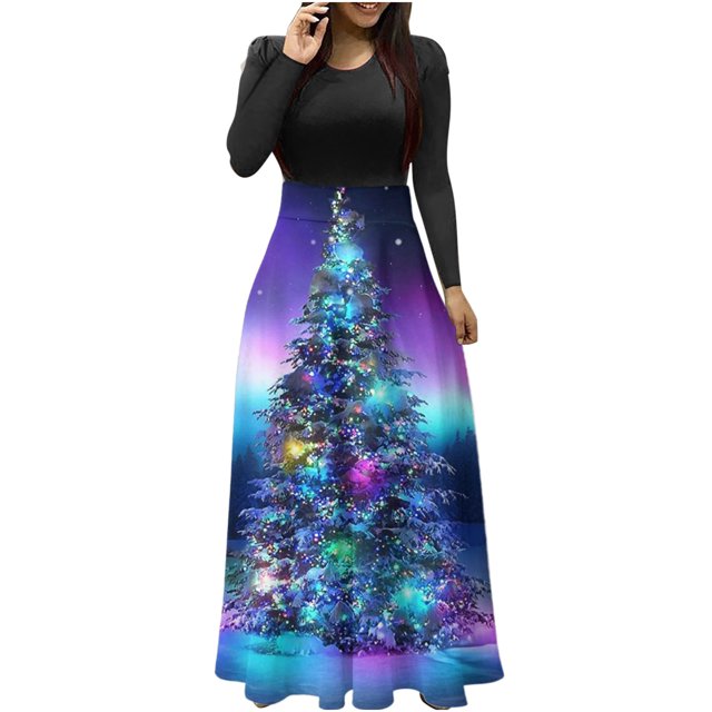 Robes pour Femmes 2022 Noël Col Rond Manches Longues Patchwork Imprimé Robe Longue Ligne A Robe d'Automne pour Dames