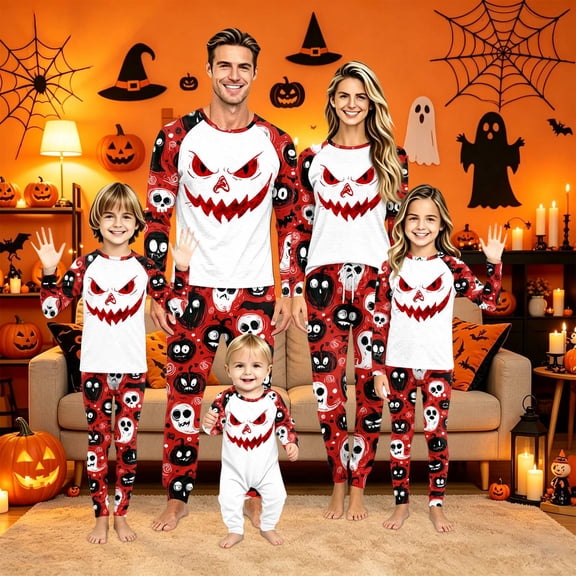 Family Matching Pajamas, Family Halloween Pajamas Matching Sets, Halloween Skeleton Costume Pajamas Dark Red Full Pumpkin Print Long Sleeve 2 Piece Pajama Set Vampire Sleepwear Cosplay Family Photos