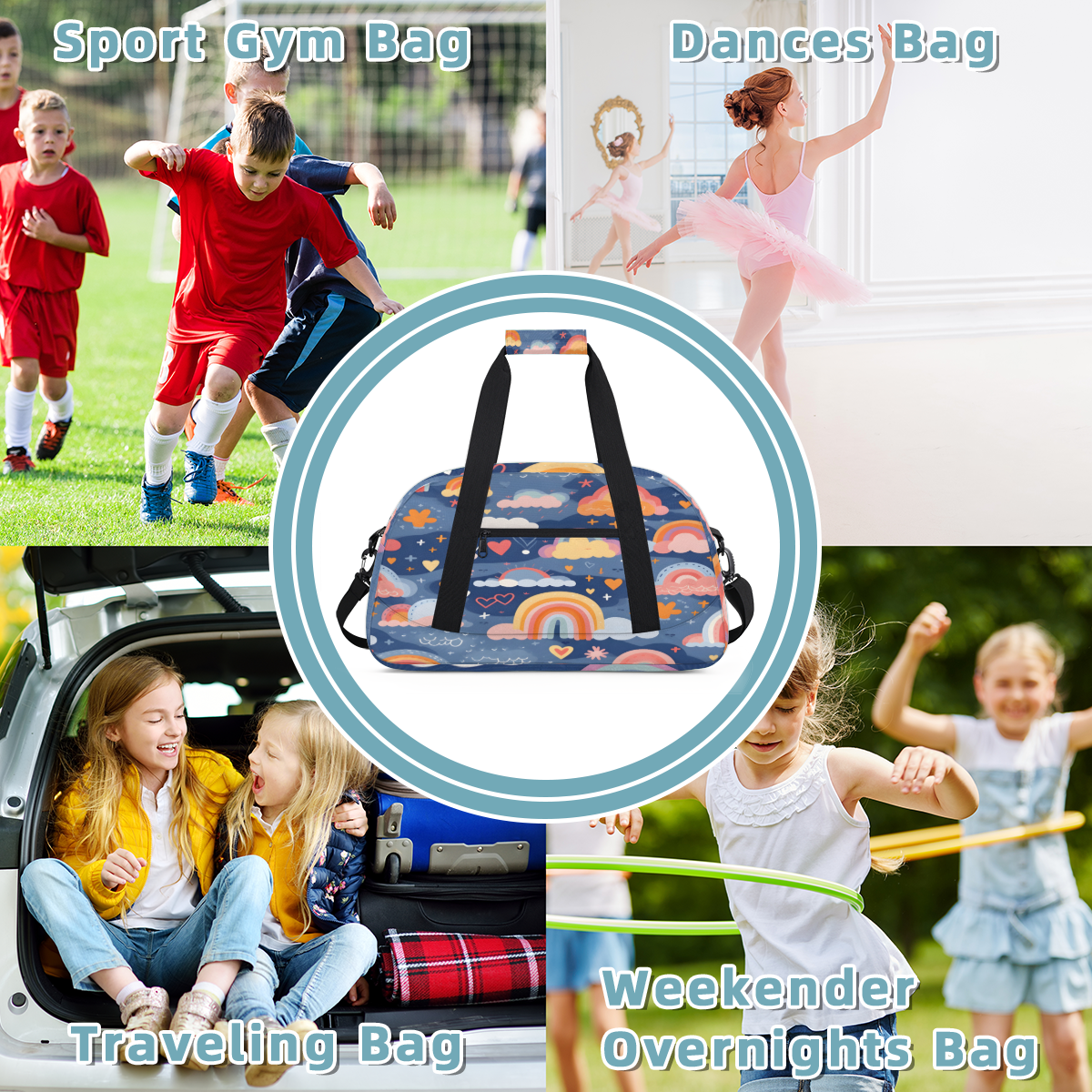 Herdesigns Cute Rainbow Sports Duffle Bag for Women & Men, Cute Retro Gym Bag Dance Bag Overnight Bag Carry On Weekender Travel Bag