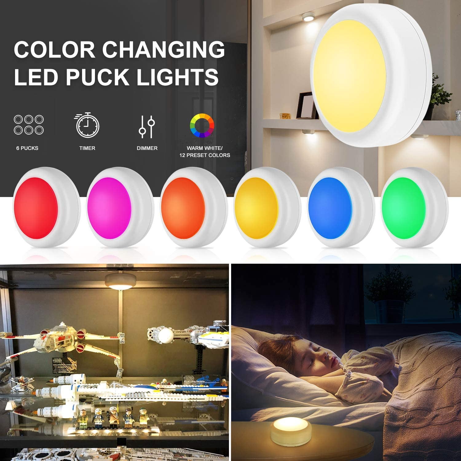 LNKOO LED Puck Lights with Remote Control,Wireless Under Cabinet Lighting,Battery Powered Lights,Stick on Lights,Color Changing Lights with Dimmer and Timer, AA Battery Operated Closet Light,6 Pack