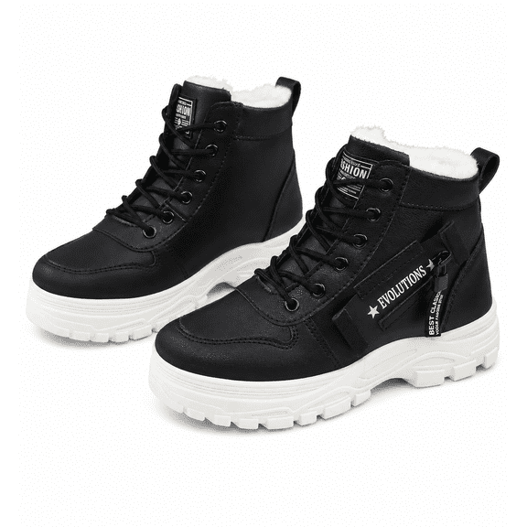Women's Fur Lined Combat Boots, Lace Up Platform Winter Ankle Booties, Chunky Heel