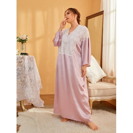 

Baby Pink Elegant Women s Plus Flounce Sleeve Contrast Lace Satin Night Dress 3XL(18) Y22001D