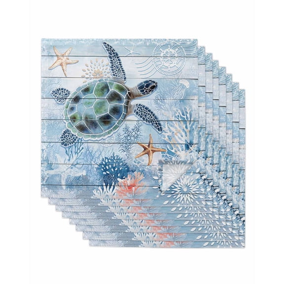 nqOlkjepod Coastal Ocean Turtle Cloth Napkins Set of 8 Reusable Dinner Napkins, Nautical Starfish Coral Wooden Grain Cocktail Napkin Washable Table Napkins for Wedding/Party/Baby Shower 20"x20"