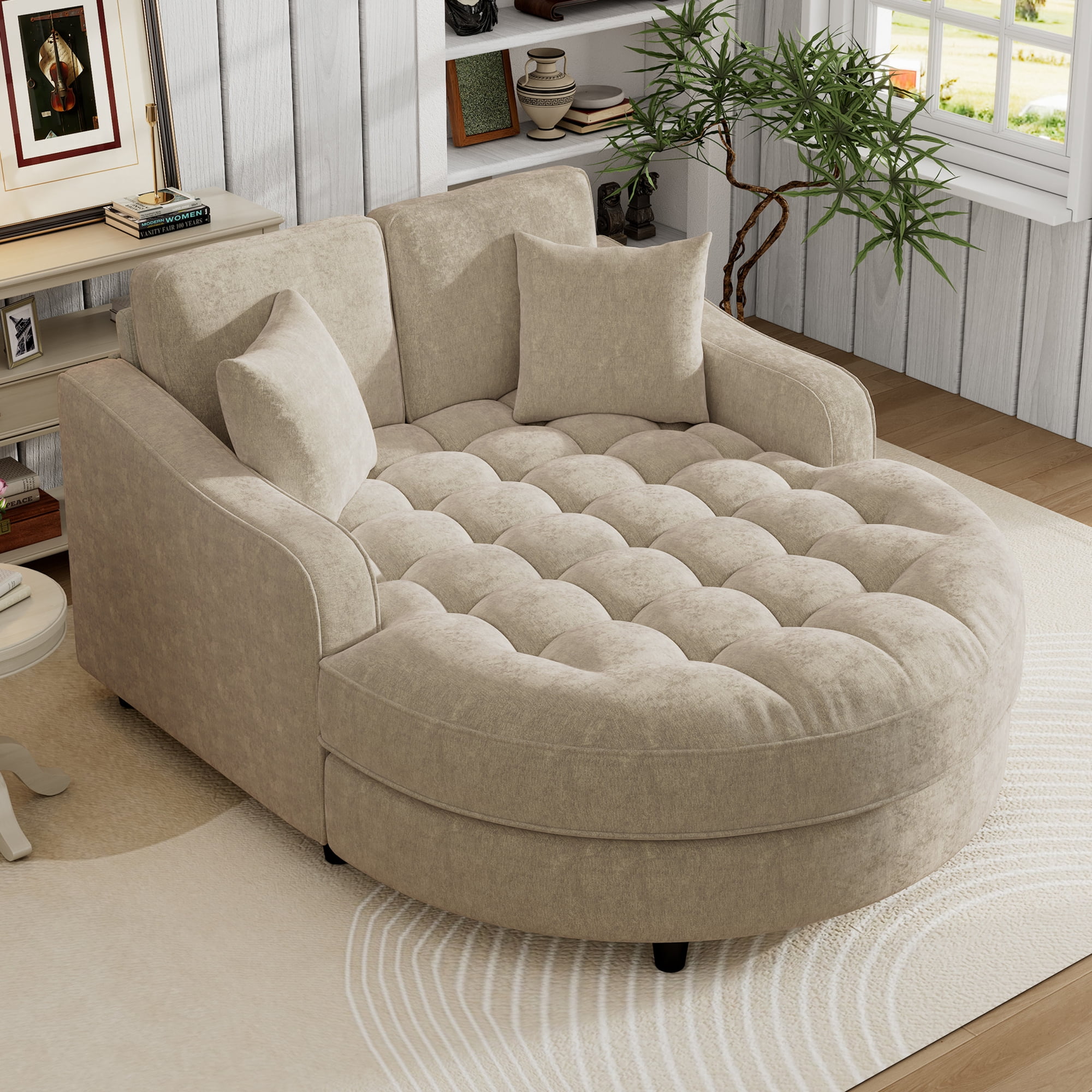 Christopher Knight Home 51 Modern Chaise Lounge Sofa Bed Tufted Chenille Couch with Pillows Champagne