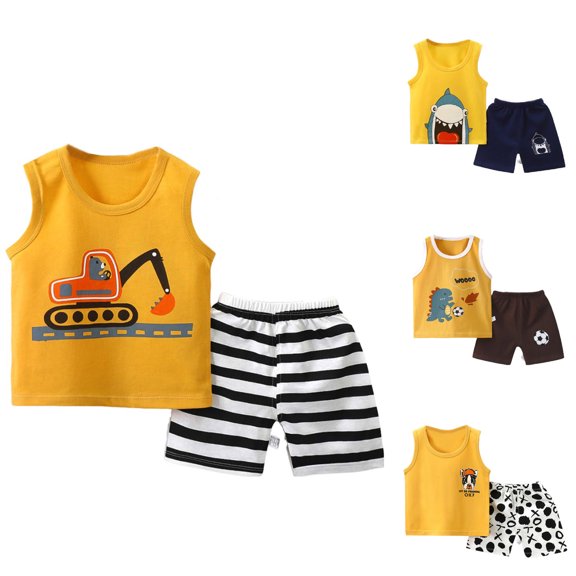 Asxite Toddler Summer Outfits Boys Outfit Sleeveless Round Neck Print Top Shorts 2 Piece Set