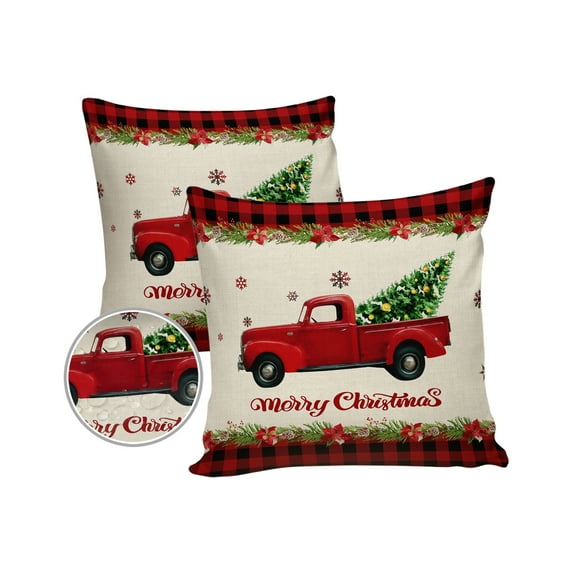 Pack of 2 Outdoor Pillow Covers, Merry Christmas Red Retro Truck Car with Snowflake Xmas Waterproof Square Throw Pillowcase Cushion Decorative Pillow Covers for Couch Patio Tent, 20x20 in