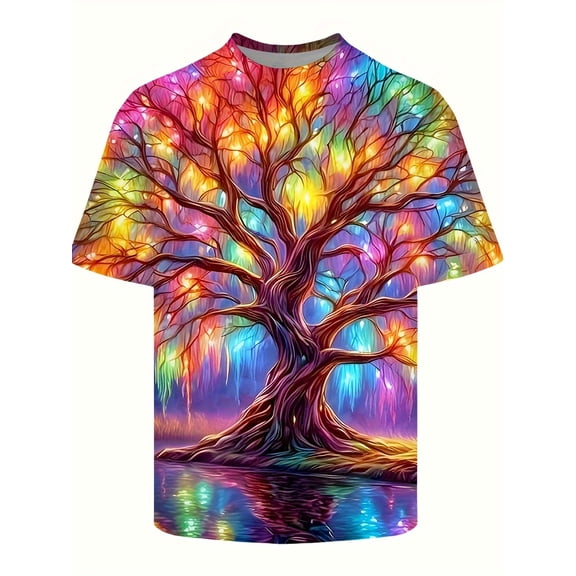 Large Size Men's Novelty 3D Glowing Tree Print, Shirt, Casual Fashion, Shirt, Street Style Short Sleeve Crew Neck Shirt