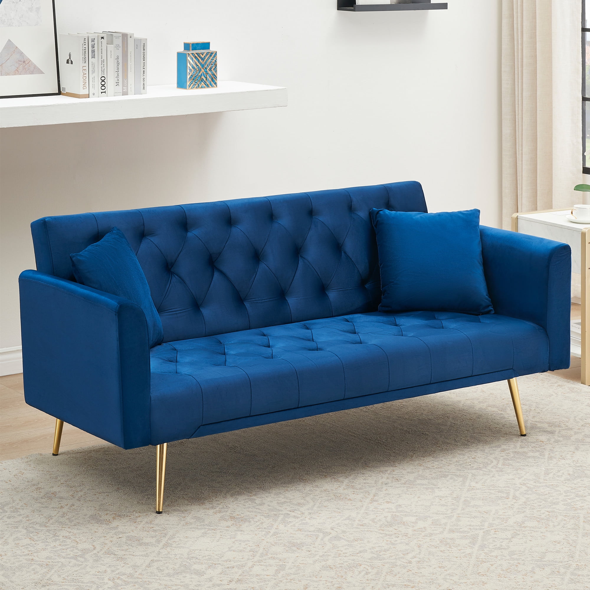 Aukfa Velvet Futon Convertible Sofa Bed, Upholstered Arm Couch for Home Office, 2 Pillows, Blue