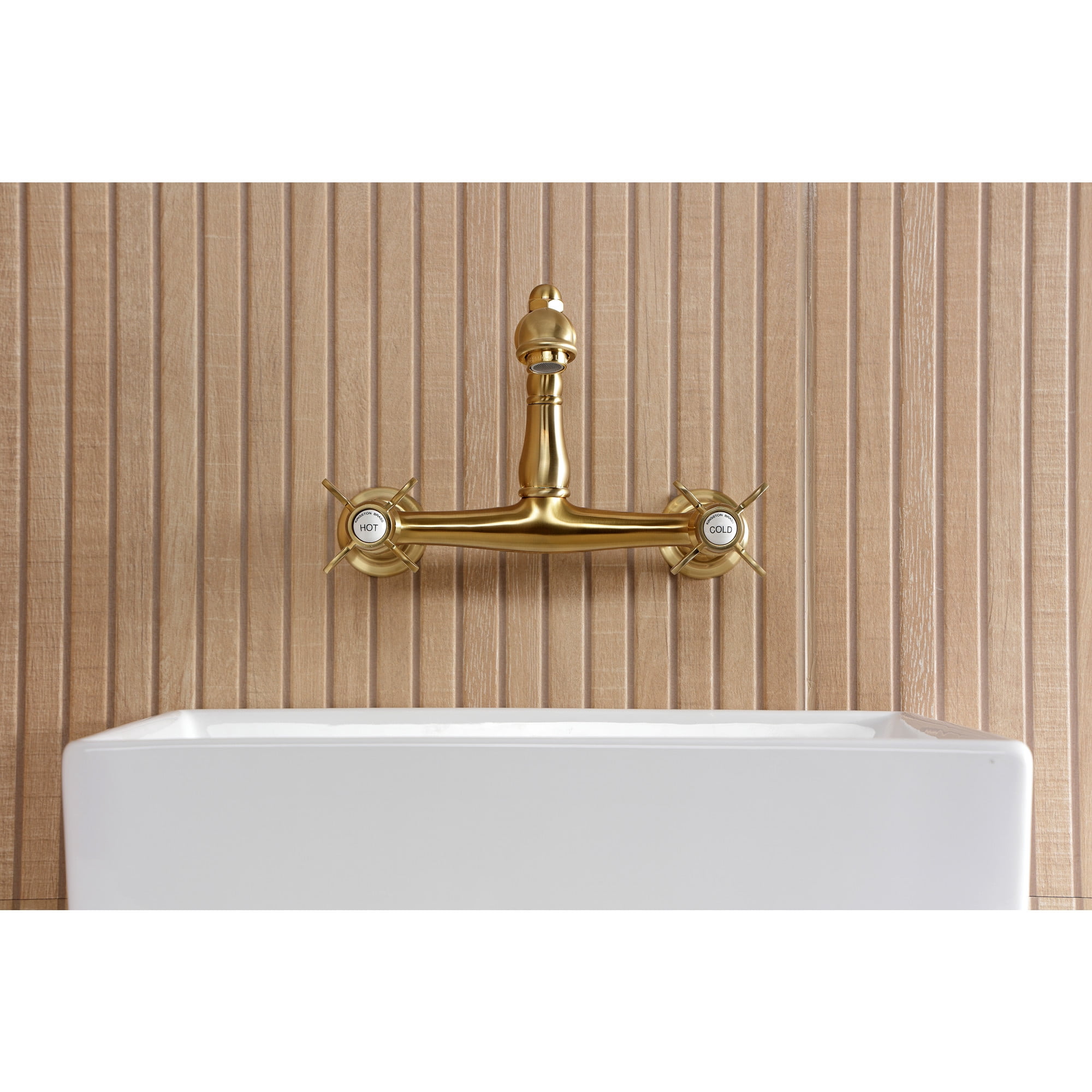Kingston Brass KS7257BEX Essex Double-Handle 2-Hole Wall Mount Bathroom Faucet in Brushed Brass