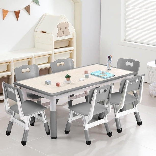 Juego de Mesa y Sillas para Niños con 7 Piezas, Escritorio Ajustable con 6 Asientos, Mesa de Artes y Manualidades con Escritorio Antideslizante