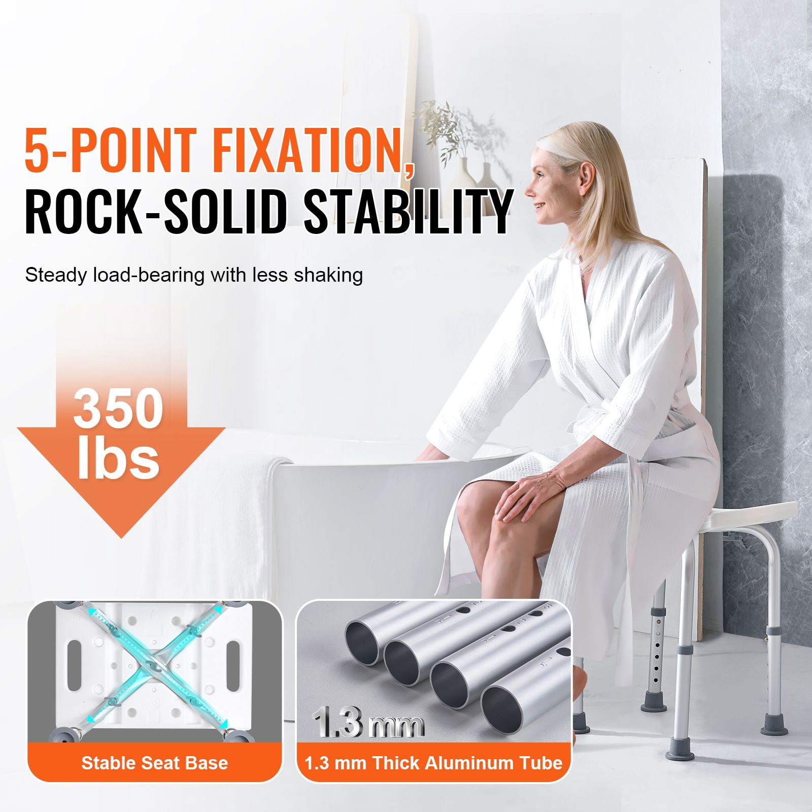 Shower Stool 350 lbs Capacity 6 Height Settings Curved Seat Aluminum for Seniors Bathroom Bathtub