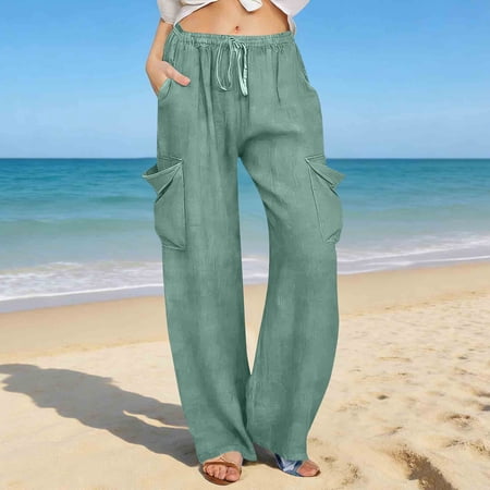 ClodeEU Women s Elastic Waist Drawstring Wide Leg Pants with Pockets Casual Loose Fashion Pant Mint Green Womens Plus S