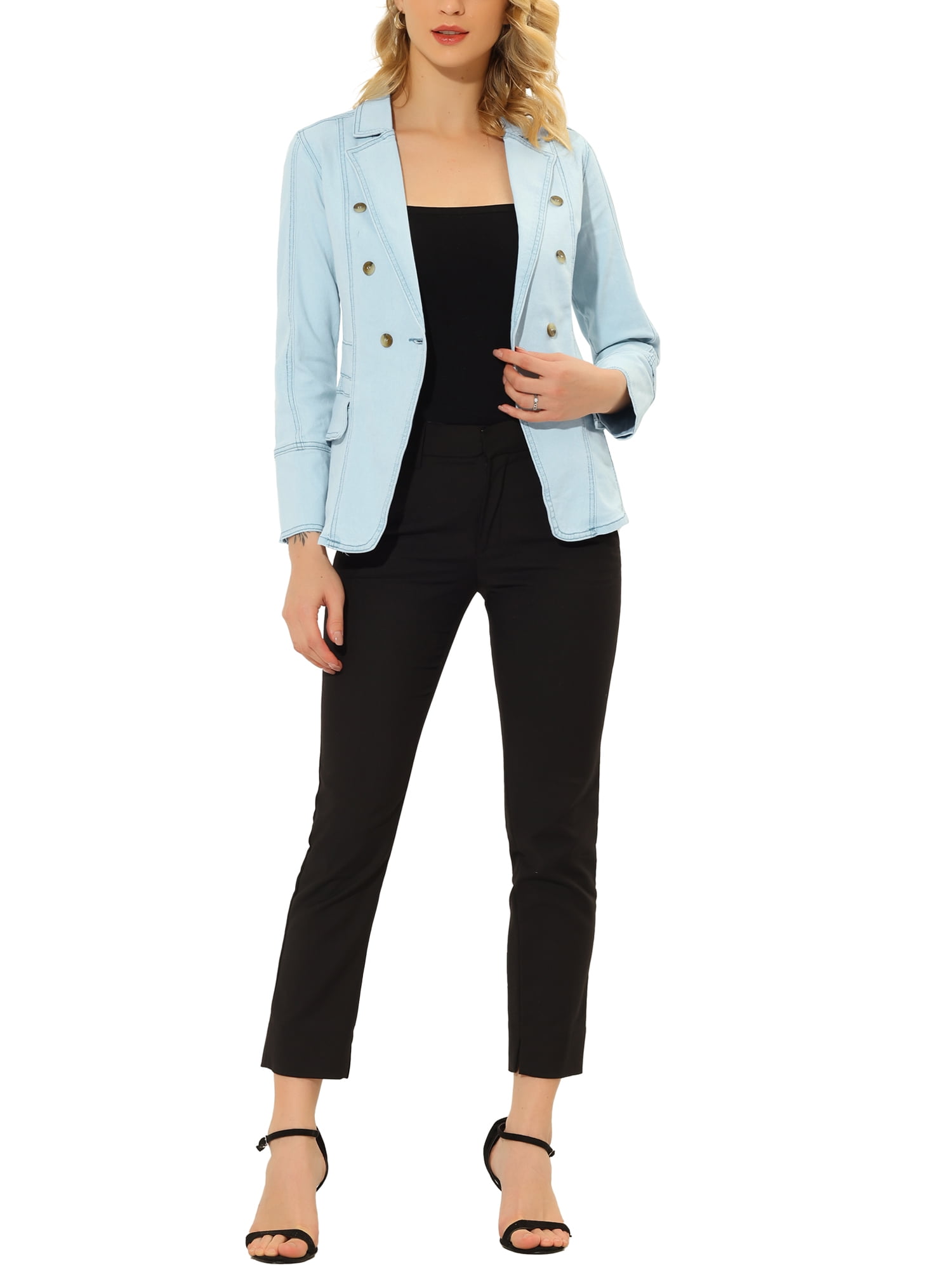 DARING DIVA Women's Lapel Jeans Blazer Denim Jacket W Pockets XL Light Blue