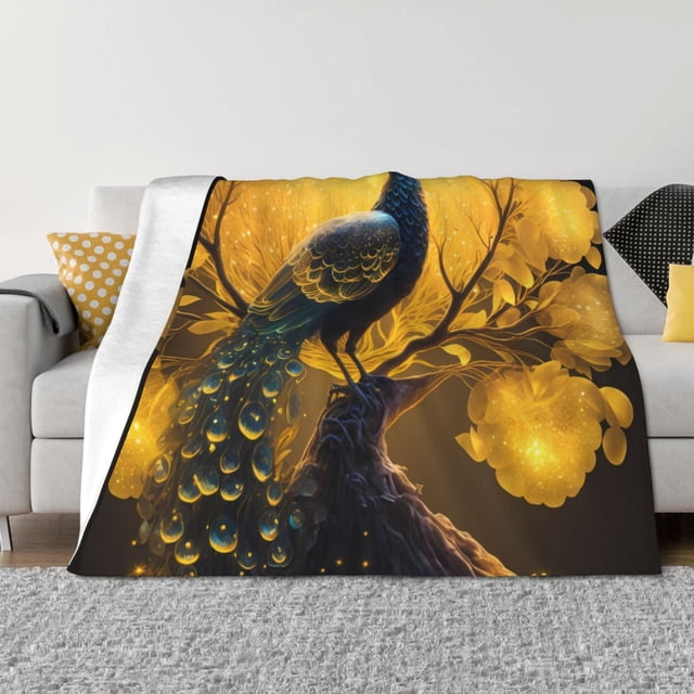 Balery Elegant Gold Leaf Peacock Manta de Franela con Dibujo, Lujo Ultra Suave y Cálido, Antipelusa y Resistente a las Arrugas para Cama, Sofá, Camping -60"x50"