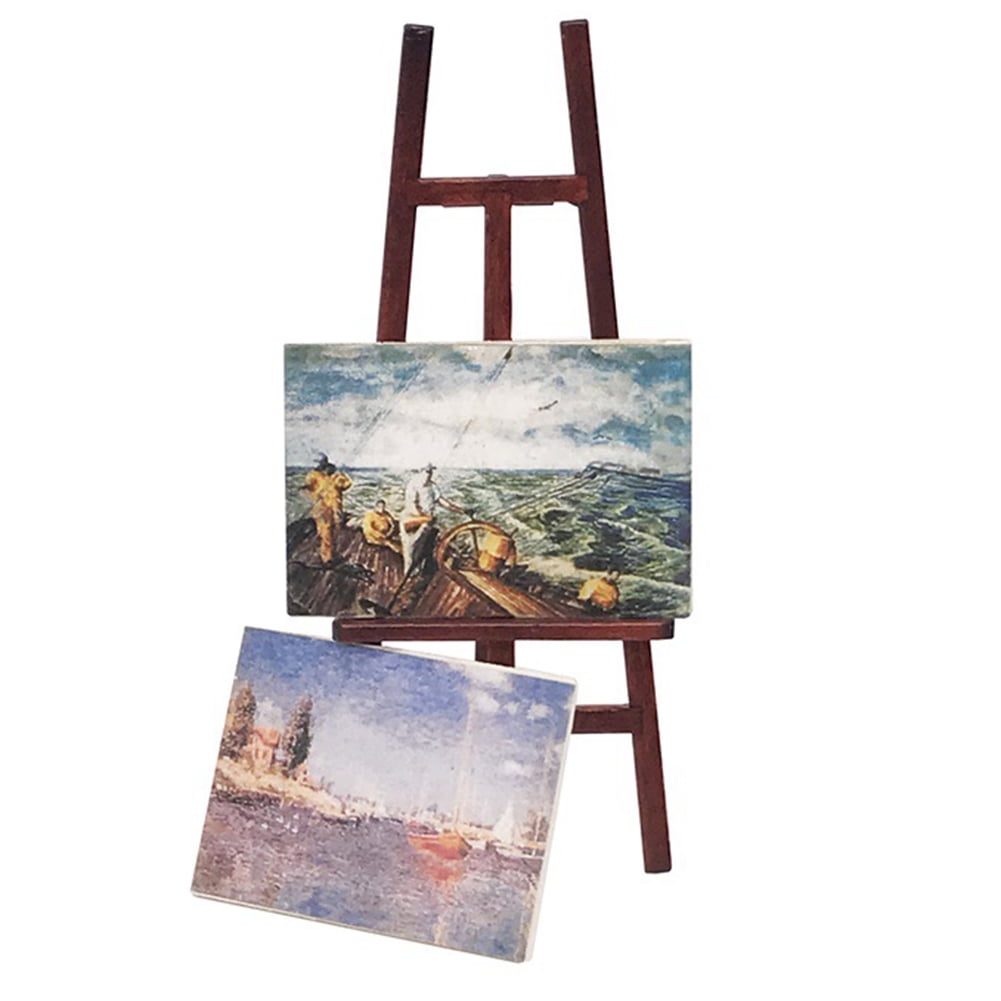Dollhouse Miniature Accessory Artist Easel Stand & 2 Wood Paintings Picture NIUS 