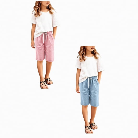 2 Packs Gym Shorts for Girls 6-7 Girls Bermuda Shorts Elastic Waist Knee Length Rolled Hem Long Shorts Summer Casual Solid Straight Leg Short Pants