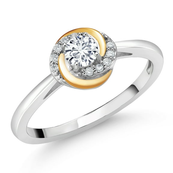 Gem Stone King 2 Tone 925 Silver and 10K Yellow Gold White Lab Grown Diamond Solitaire Engagement Ring for Women | 0.34 Cttw | Round 4MM | Gemstone April Birthstone  | Size 8