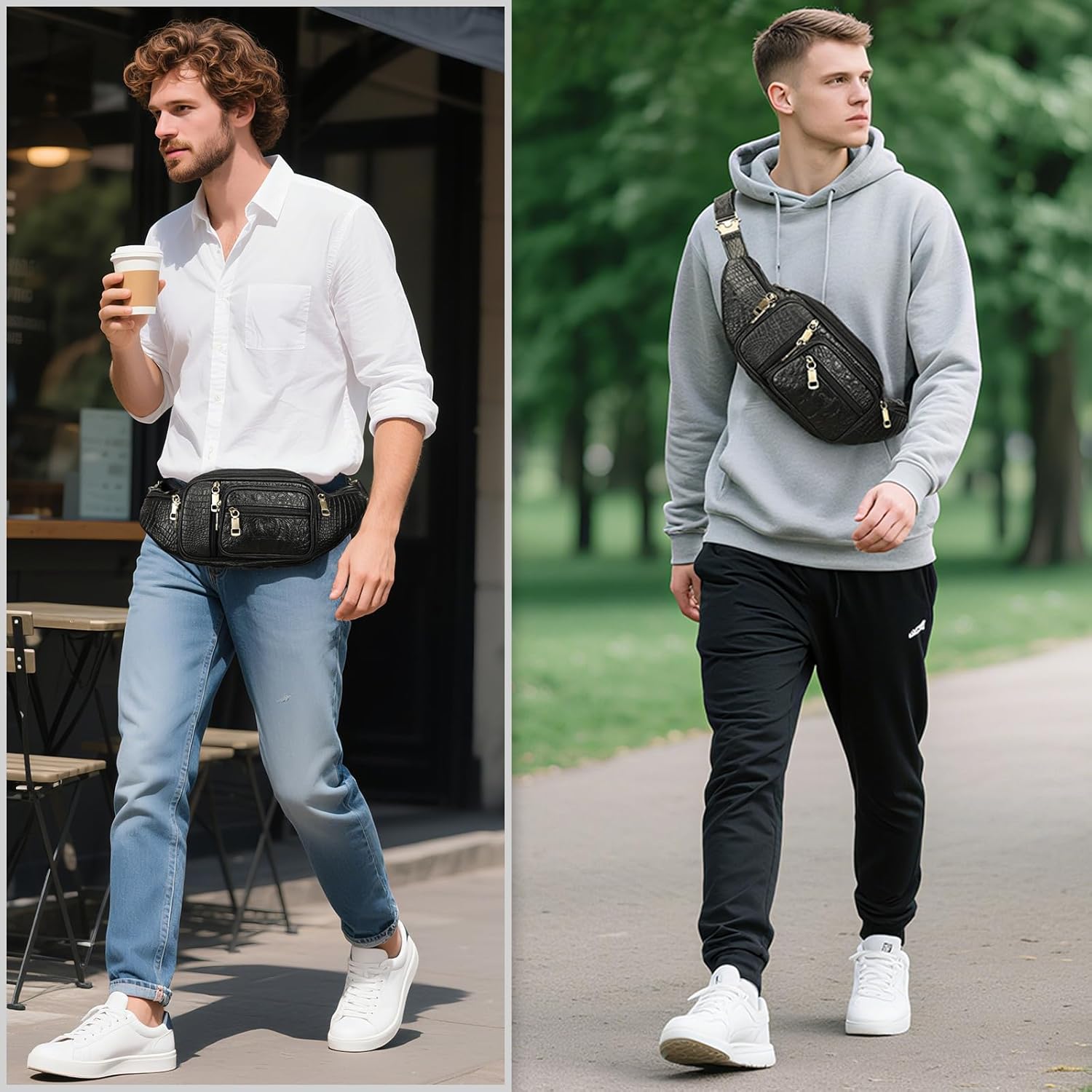 MARRANT Genuine Leather Fanny Pack for Men, Large Capacity Crossbody Waist Bag with Multiple Zipper Pockets,Black Croco