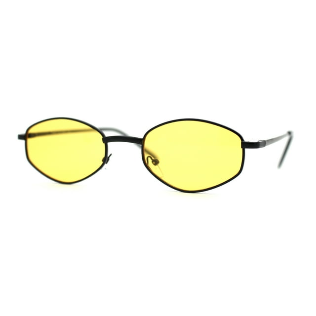 Narrow Hexagon Hippie Color Lens Metal Rim Dad Shade Sunglasses Black Yellow