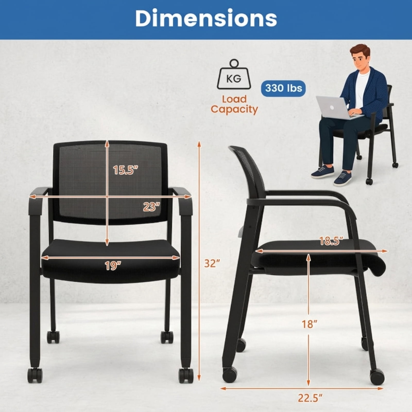 Furnibear Set of 2 Stackable Rolling Office Chairs with Ergonomic Mesh Backrest Padded Seat and Casters for Reception Conference Room, Black