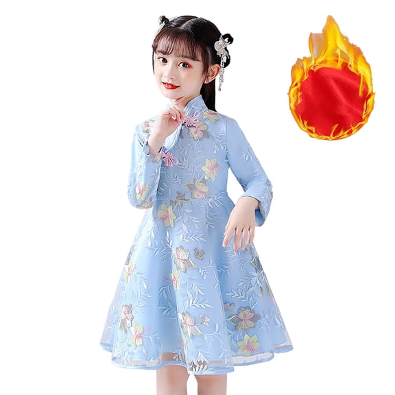 Otqutp Toddler Fashion Long Sleeve Dress Toddler Baby Kid Girl Chinese New Year Tang Suit Warm Princess Dresses for Children 2-13 Years(B-Blue,4-5 Years)