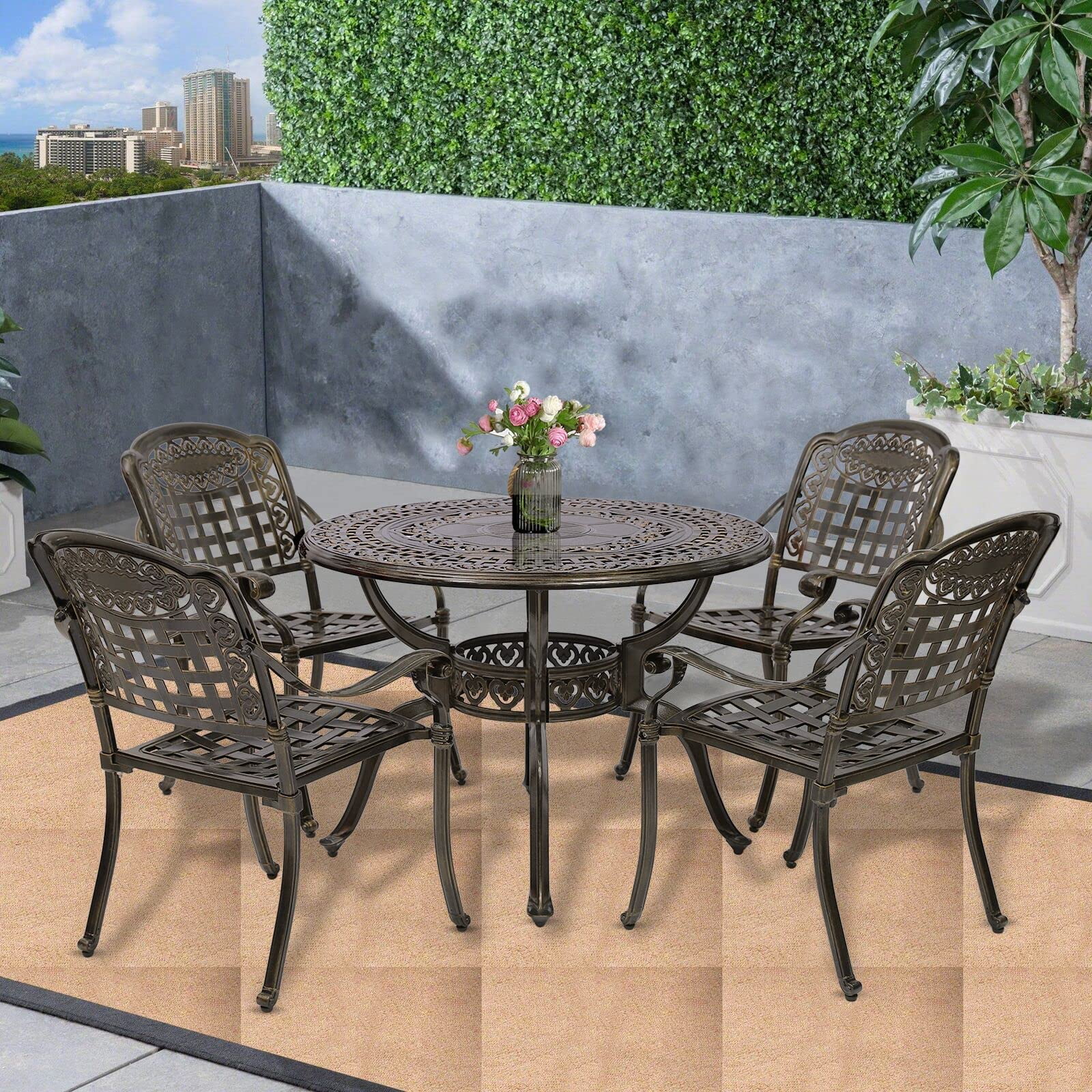 SOCIALCOMFY 5-Piece Outdoor Patio Dining Set, All-Weather Cast Aluminum Furniture Conversation Set, Include 4 Chairs and a 38.5 inch Round Table with Umbrella Hole for Balcony, Lawn, Garden, Backyard