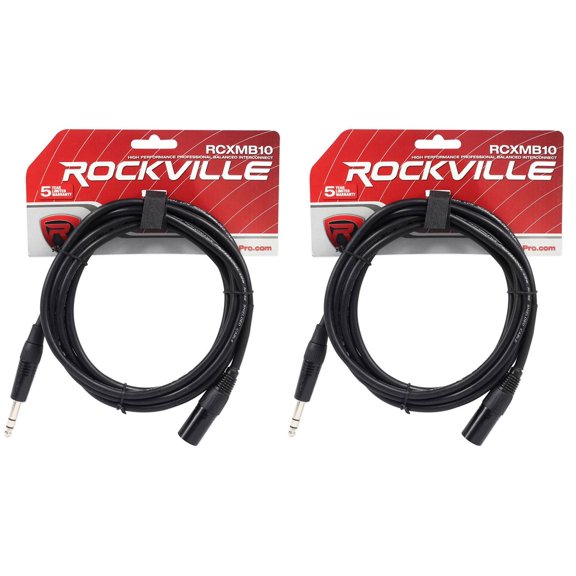 2 Rockville RCXMB10-B Black 10' Male REAN XLR to 1/4'' TRS Balanced Cables