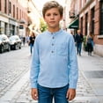 thumbnail image 2 of Boys Tshirts Kids Unisex Long Sleeve Button Up Cotton Linen Shirt Pocket Girls Tops Sky Blue 5-6 Years, 2 of 6