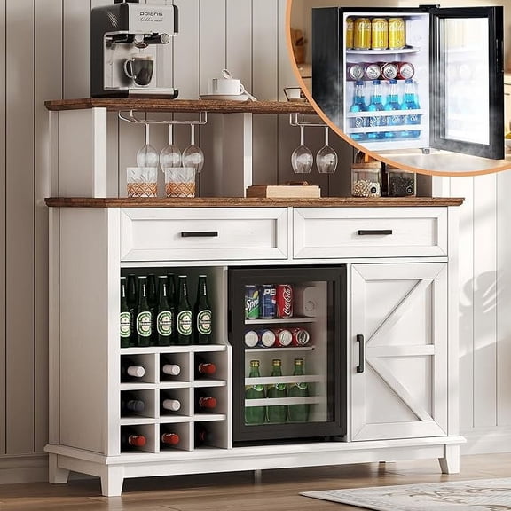 PLAUIN 47" Farmhouse Coffee Bar Cabinet with 15" Refrigerator & Wine Rack