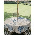 thumbnail image 2 of Outdoor Tablecloth with Umbrella Hole, Blue Beige Coastal Waterproof Outdoor Table Cover, Summer Beach Starfish Coral Nautical Rustic Patio Tablecloths for Party/Garden/Picnic, Round 60 inch, 2 of 9