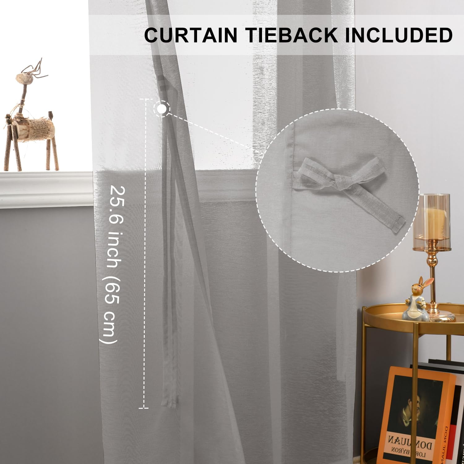 JIUZHEN Grey Sheer Curtains 84 Inches Long - Semi Transparent Light Filtering Grommet Window Drapes for Living Room/Bedroom, 52Wx 84L, Set of 2 with Tiebacks