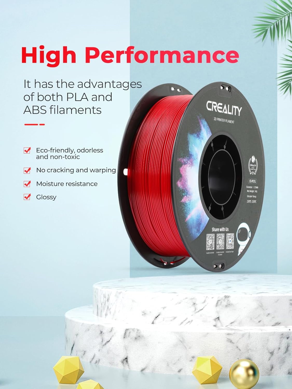 PETG Filament 1.75mm, 3D Printer Filament, Excellent Toughness High Precision, Odorless Non-Toxic Moistureproof, Accuracy +/- 0.02mm, 2 Pack-1kg (Red & Blue)