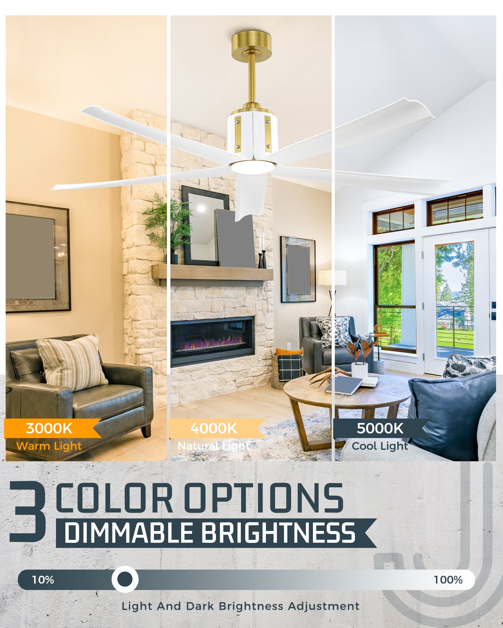 Ltmate 60" Smart Ceiling Fan with Light: Gold & White,Quiet DC Motor