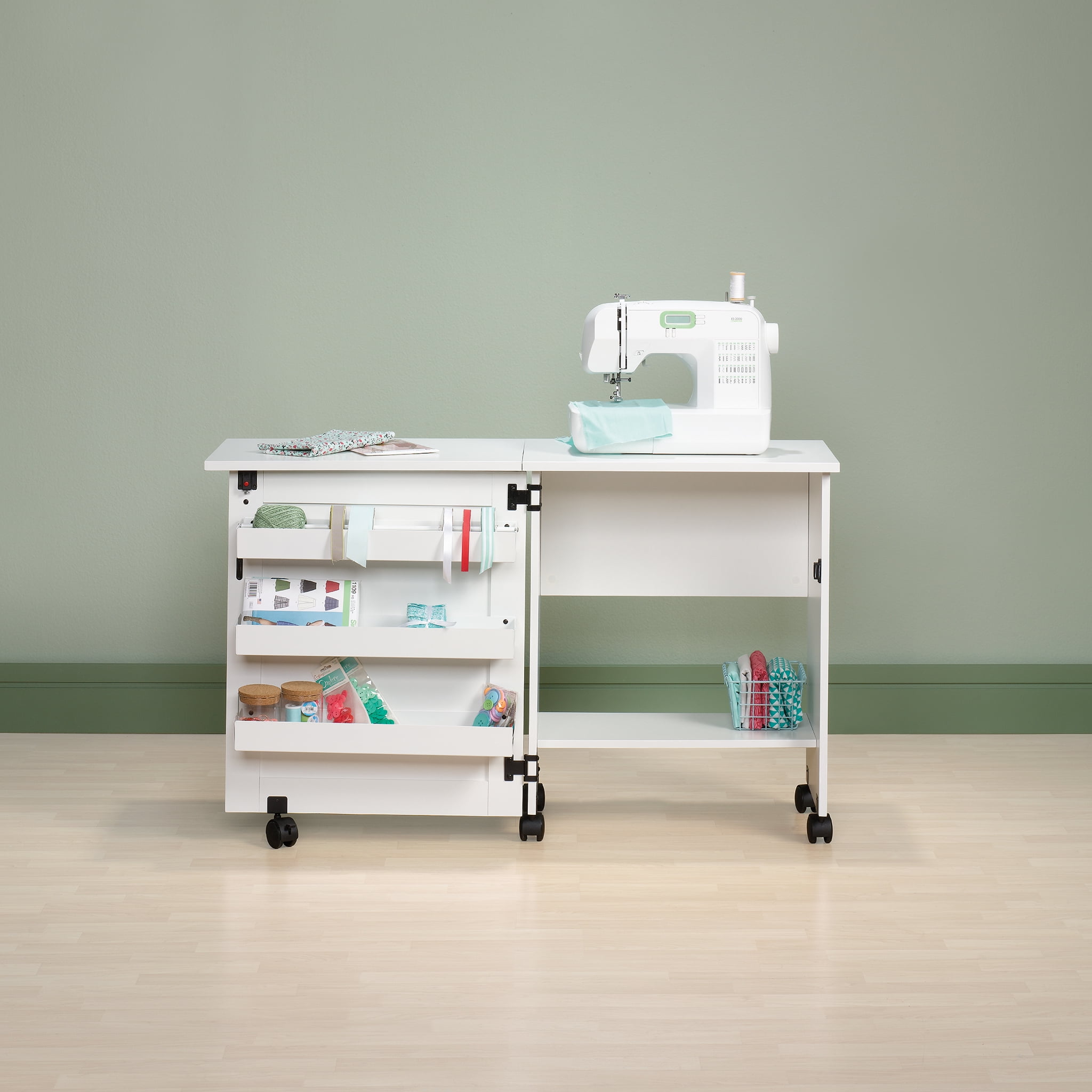 Sauder Rolling Sewing Cart with Storage, White Finish