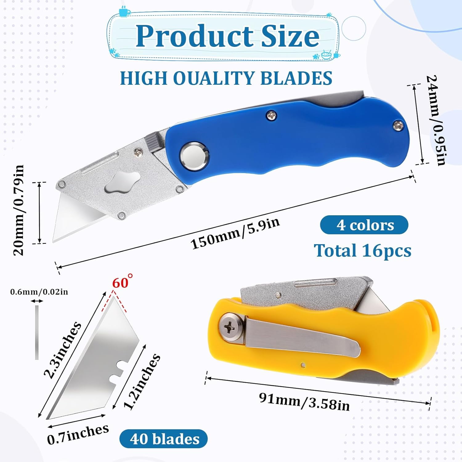 16Pcs Folding Utility Knife with 40Pcs Replacement Blades, Retractable Box Cutter Knife Heavy Duty Work Knife for Cardboard, Boxes and Cartons