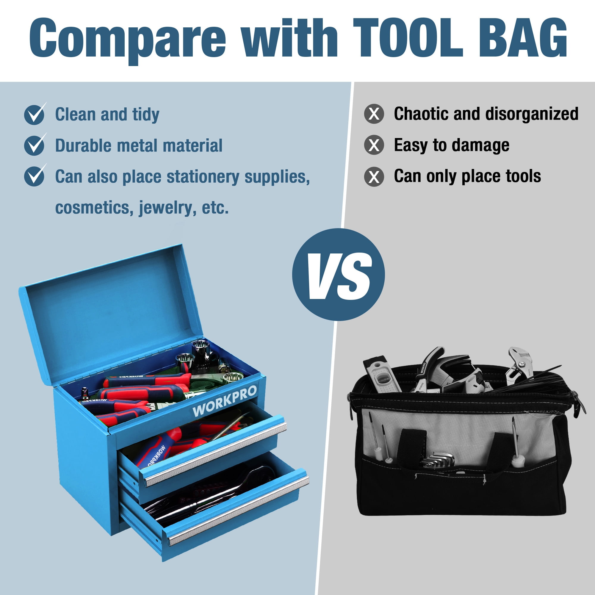 WORKPRO Mini Metal Tool Box with 2 Drawers and Top Storage, Small Tool Chest with PVC Liners and PP Feet Pads, Cold Rolled Steel Toolbox with Magnetic Tab, Blue WORKPRO Mini Metal Tool Box with 2 Drawers and Top Storage, Small Tool Chest with PVC Liners and PP Feet Pads, Cold Rolled Steel Toolbox with Magnetic Tab, Blue - Image 4