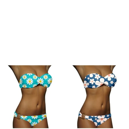 Wijhcboe 2 Pack Push Womens Swim Top with Shorts Up Bandeau Bikini Set Ladies Swim Tops by Bra Size Blue And White Stripes Swim Suit Tops Juniors Striped Women s Pushup Pool Cover up for Boys Swimwe
