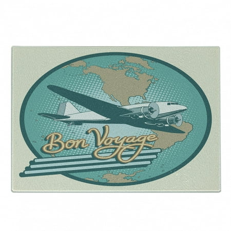 

Airport Cutting Board Abstract Vintage of Bon Voyage Text and Retro Plane on Globe Decorative Tempered Glass Cutting and Serving Board in 3 Sizes by Ambesonne
