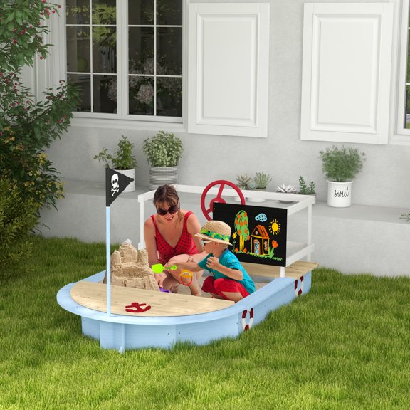 Outsunny Wooden Sandbox with Pirate Ship Design for 3-7 Years, Blue