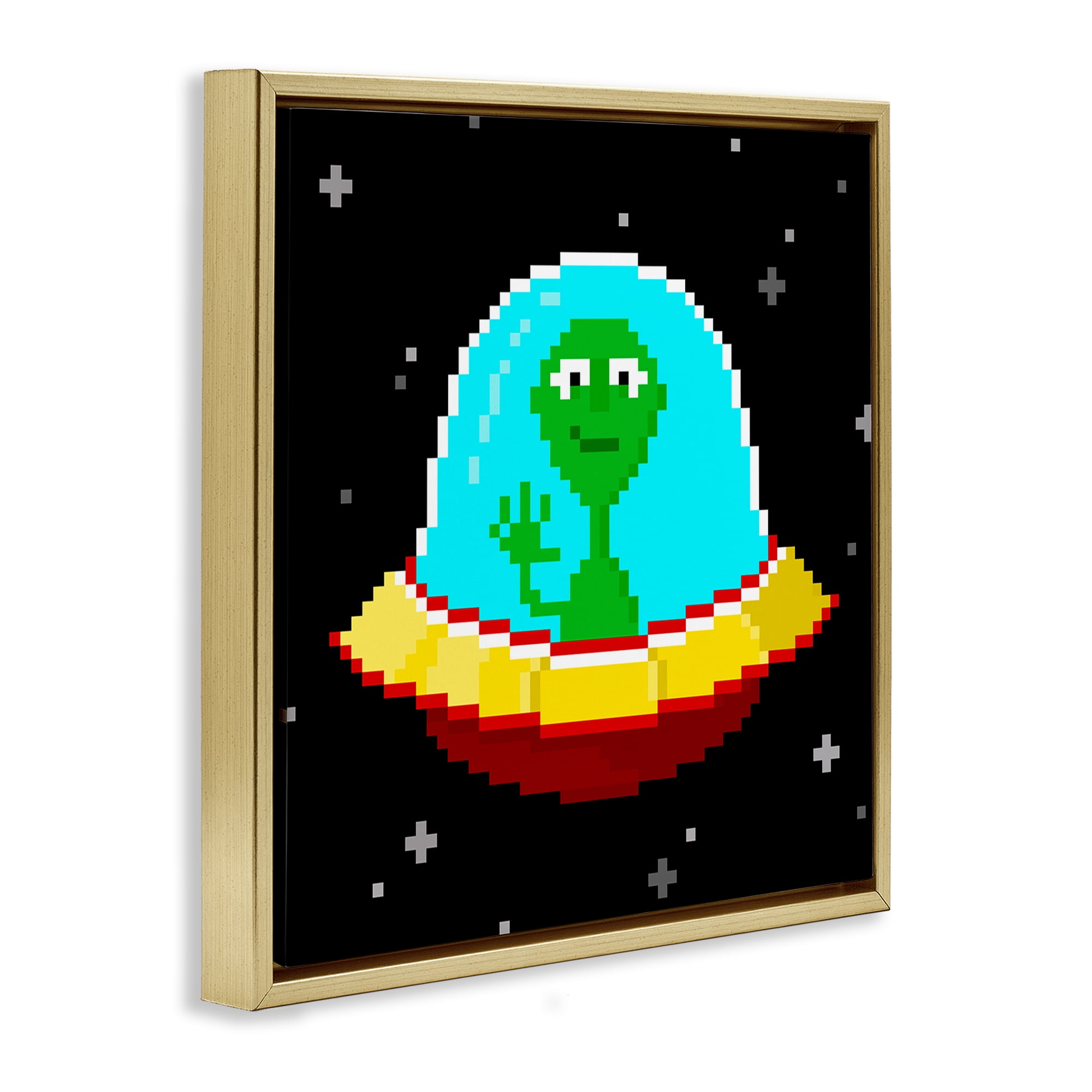 Stupell Industries Pixel Alien Spaceship Novelty & Humor Painting Gold Floater Framed Canvas Art Print Wall Art, 25 x 25