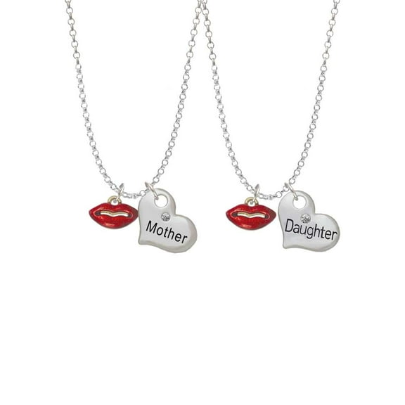 Delight Jewelry Goldtone Small Translucent Red Lips Mother & Daughter Heart Necklaces (Set of 2), 19" 2"