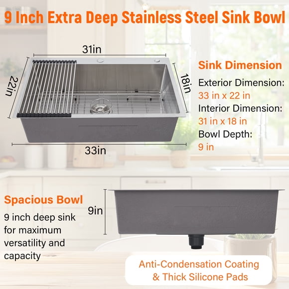 Kojooin 33 x 22 in Drop-In Kitchen Sink, 304 Stainless Steel Top Mount Workstation Sink with Accessories and Rounded Corners