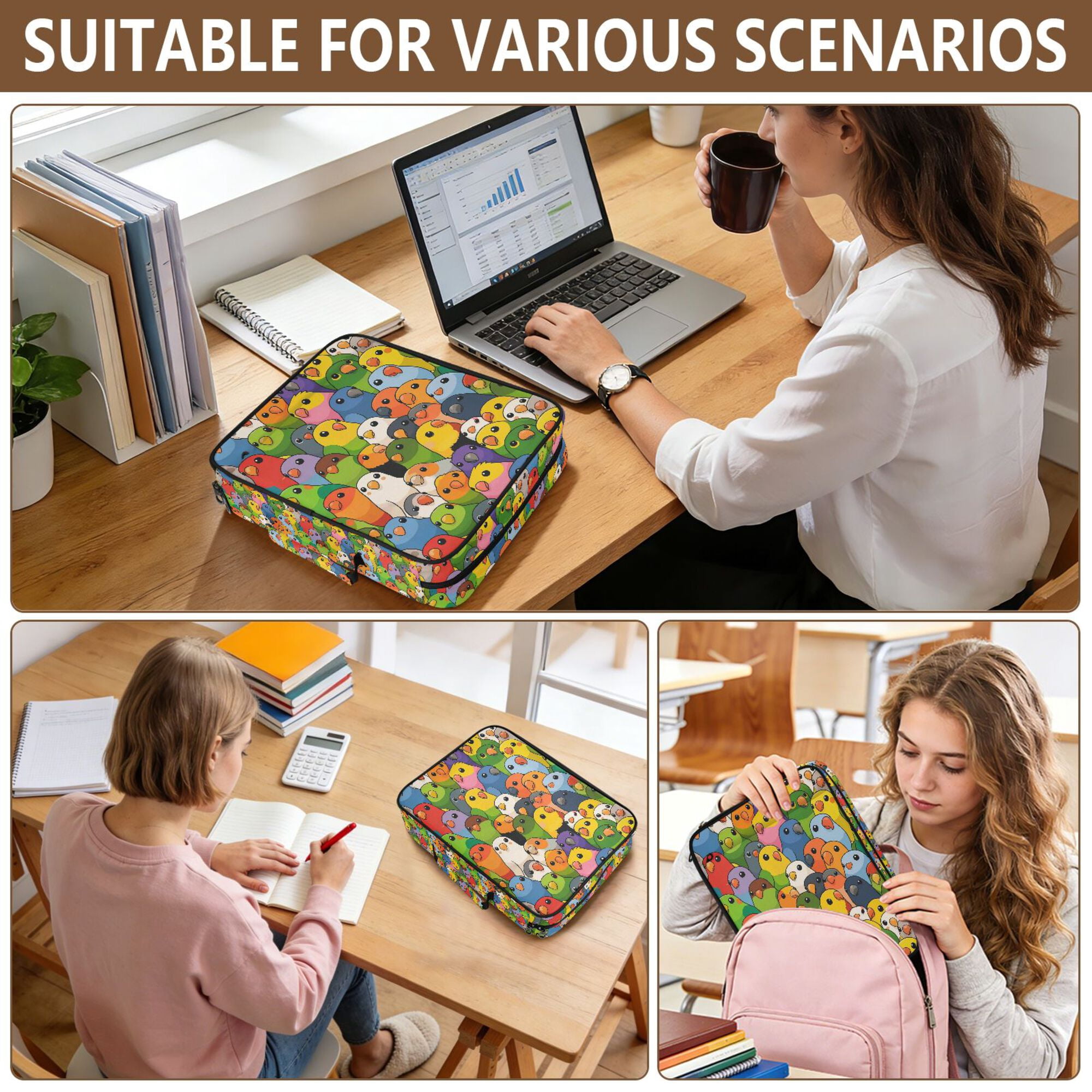 FORMRS Accordion File Folder A4 Size 7-Pocket Expanding Document Organizer Bag with 3 Ring Binder, Cartoon Birds Pattern