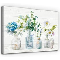 Thanksgiving Christmas Gift Flowers Wall Art Vintage Blue White Floral Canvas Wall Decor Retro Botanical Glass Bottle Canvas Rustic Wooden Board Canvas Prints Living Room Bedroom Wall Decor 16" X 12"