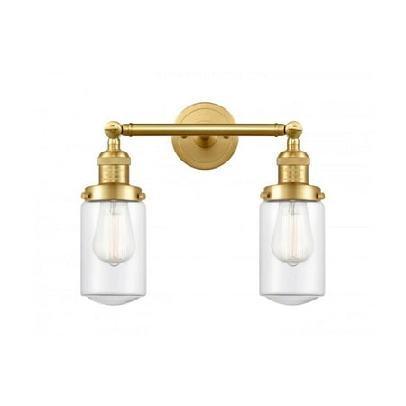 

Satin Gold Tone Bathroom Vanity 14 Wide Clear Glass Steel/Cast Brass Medium Base LED 2 Light Fixture