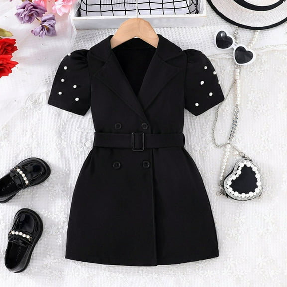 Spazoro Toddler Girls Dresses, Solid Color Short Sleeve Round Neck New Style Princess Dress for Child Girls Black Size 6 T