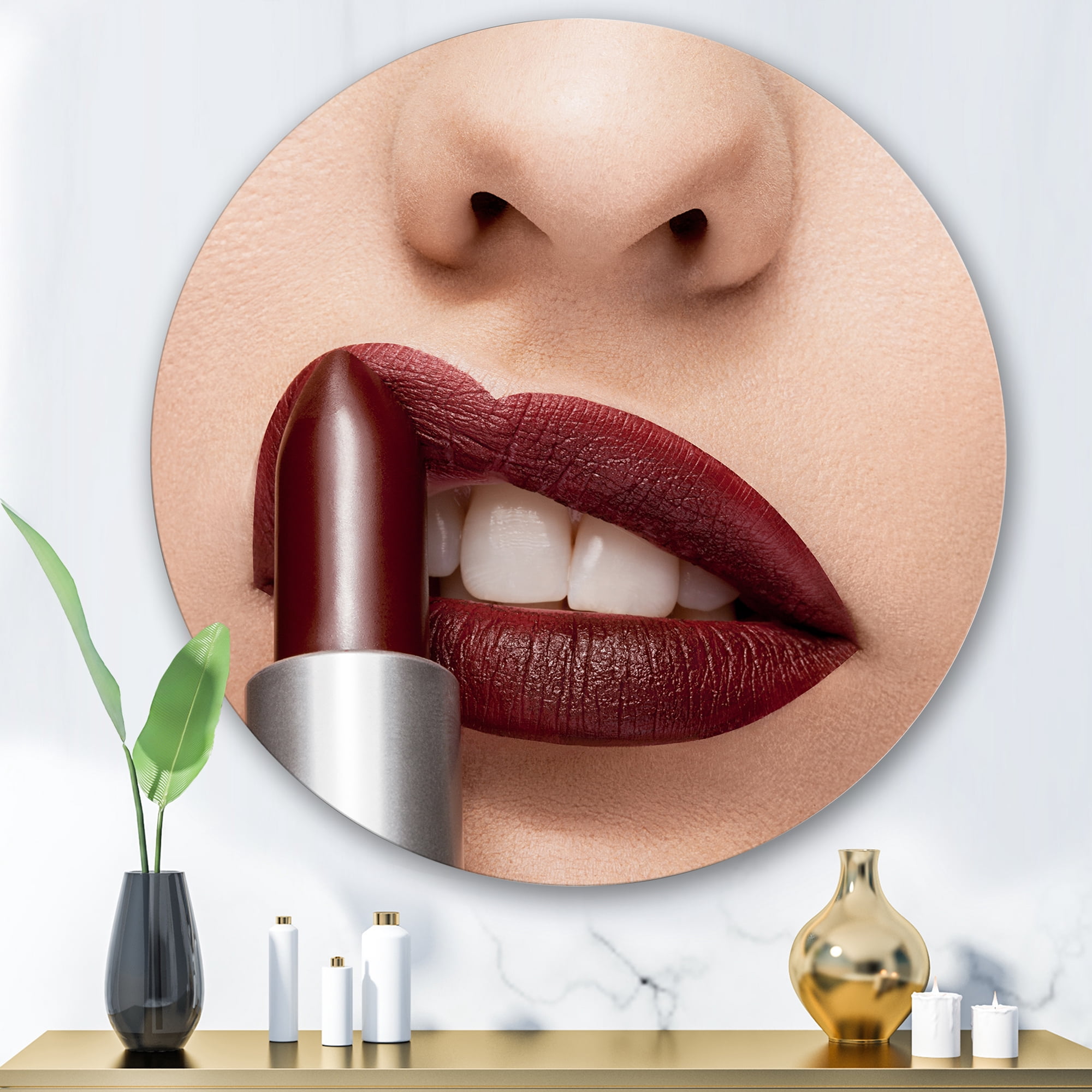 Designart 'Red Lipstick Getting Applyed On Woman Lips' Modern Circle Metal Wall Art 29x29 - Disc of 29