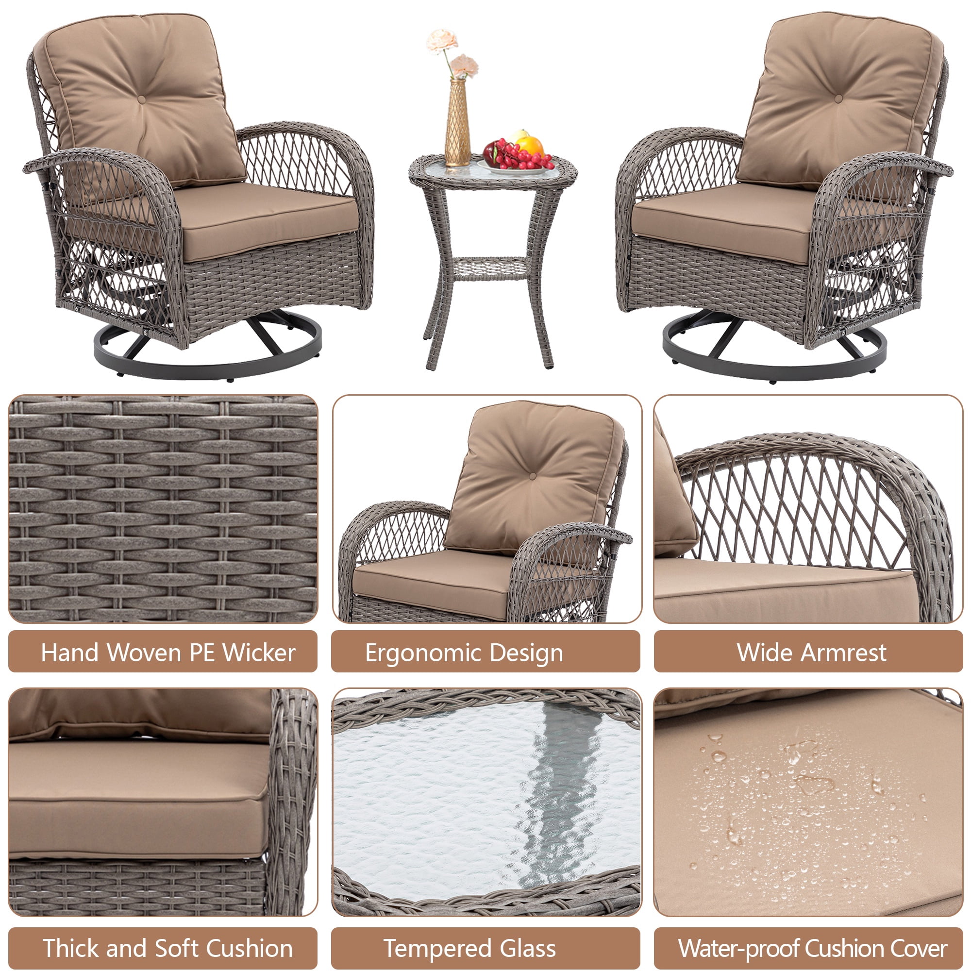 3 Pieces Patio Furniture Set, Outdoor Rattan Swivel Rocker Chairs w/Coffee Table, Wicker Patio Bistro Set for Porch Poolside, Patio Conversation Sets w/Cyan Thickened Cushions